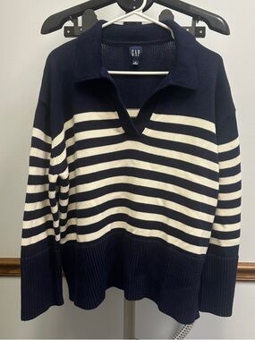 GAP Navy and White Striped Polo-Style Sweater